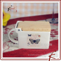 ceramic square sharp salt pot with wooden lid